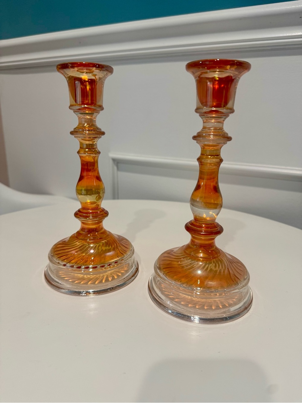 Amber Glass Candlestick Holders - Set of 2